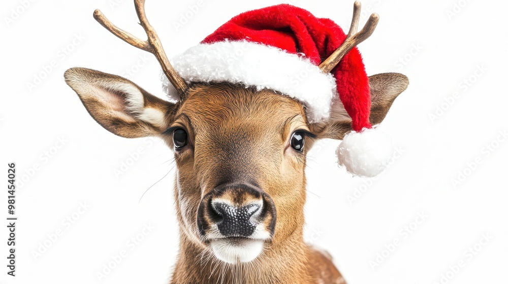 Reindeer wearing santa hat looking at camera Reindeer wearing santa hat looking at camera