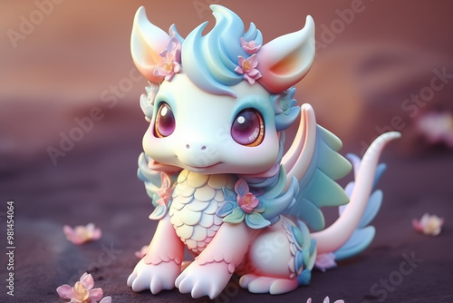 Adorable Baby Dragon Figurine with Flowers, Pastel Colors, Fantasy Themed on Soft Background