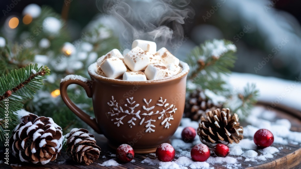 A steaming mug of hot cocoa with marshmallows placed on a snow-white outdoor table surrounded by pine cones and holly twigs. With a place for the text. A steaming mug of hot cocoa with marshmallows placed on a snow-white outdoor table surrounded by pine cones and holly twigs. With a place for the text.
