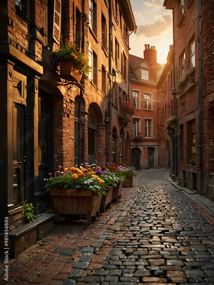 Historic European city alley with flower boxes, brick buildings, and warm sunset lighting. Historic European city alley with flower boxes, brick buildings, and warm sunset lighting.