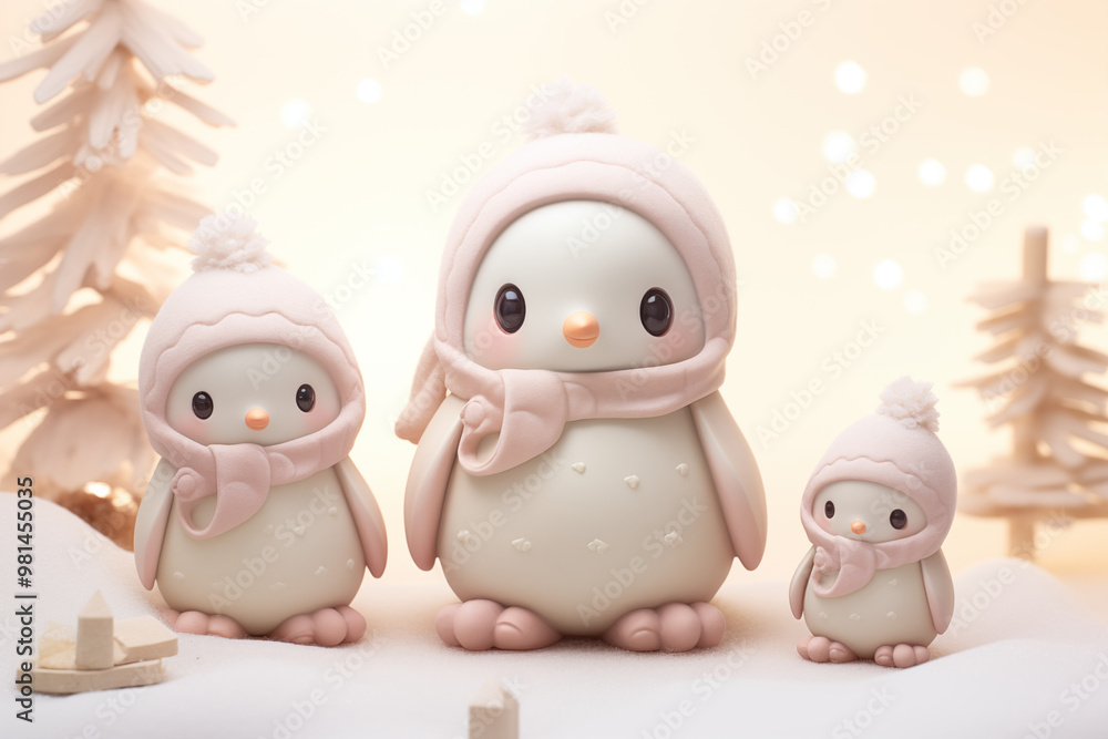 Adorable Penguin Family Figurines in Winter Hats and Scarves, Snowy Background, Festive Decor Adorable Penguin Family Figurines in Winter Hats and Scarves, Snowy Background, Festive Decor