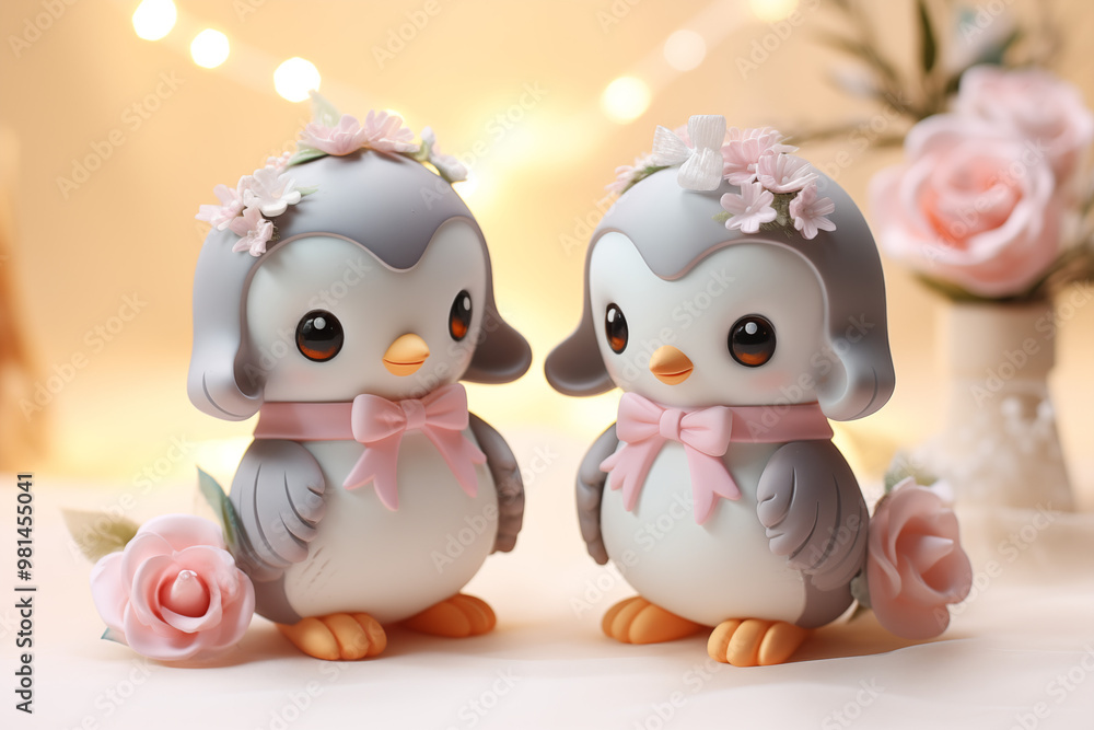 Obraz premium Cute Penguin Couple Figurines with Bows, Pink Flowers, Romantic Gift, Soft Colors