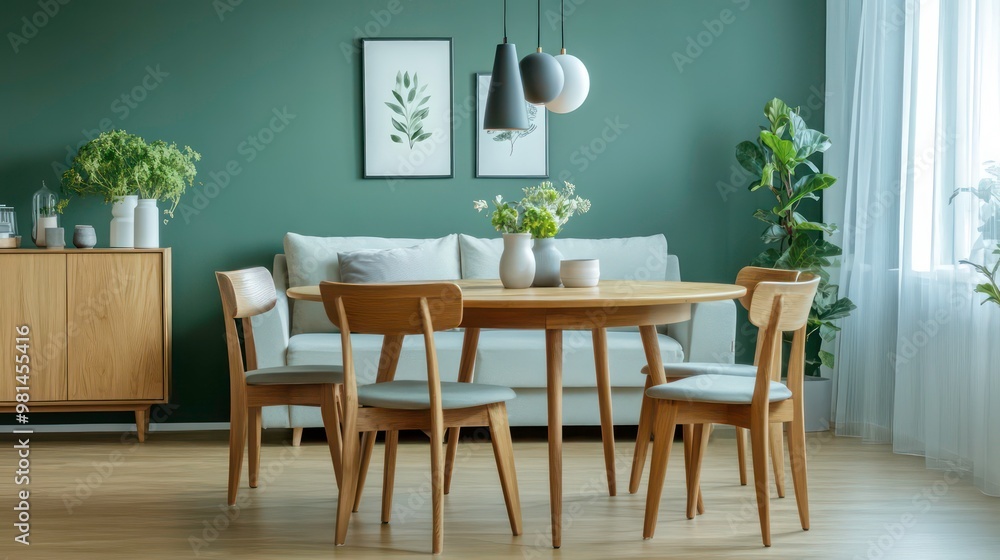 Modern dining room with a wooden table, chairs, and a sofa.
