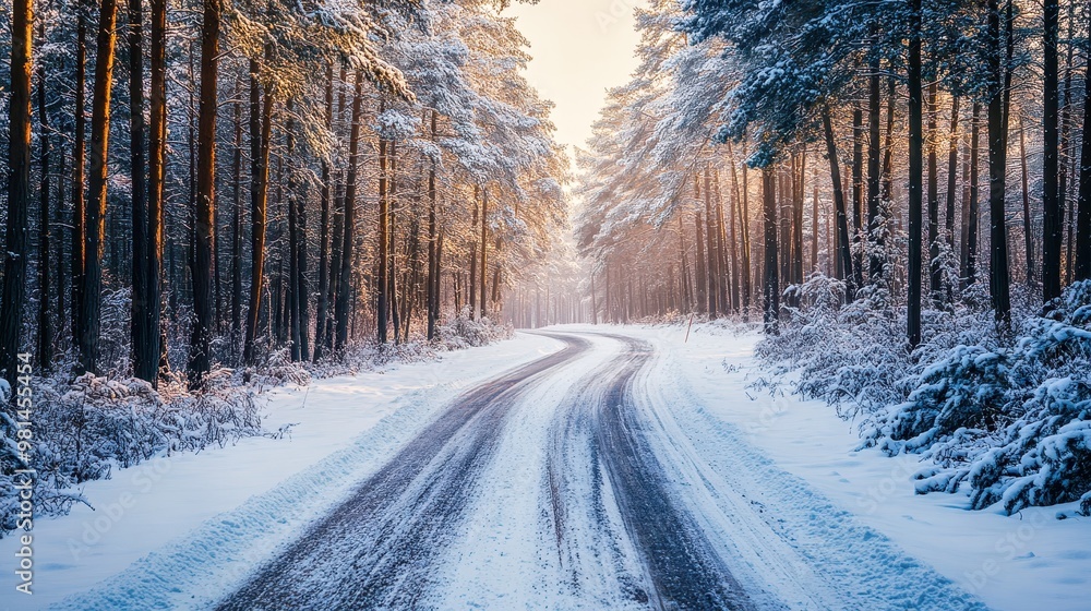 Obraz premium Snowy road winding through a tranquil winter forest at sunset