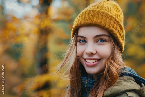 A woman wearing a bright orange hat and smiling, generative ai image