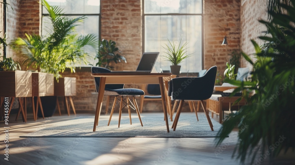 Fototapeta premium Modern Office Interior with Brick Wall and Plants