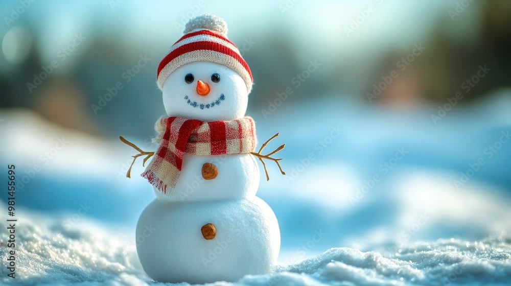Obraz premium Smiling snowman holding blank white card over green background