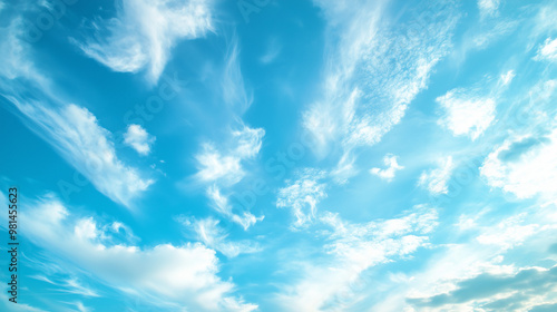 Bright Blue Sky with White Fluffy Clouds, Serene Background with Copy Space