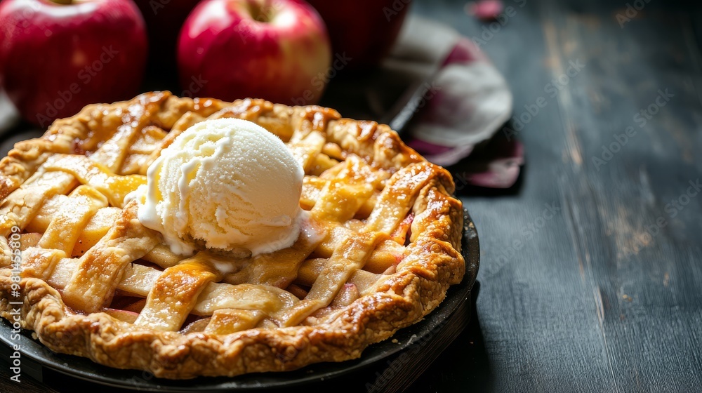 A fresh apple pie beautifully flaky and warm topped with a scoop of creamy ice cream A fresh apple pie beautifully flaky and warm topped with a scoop of creamy ice cream