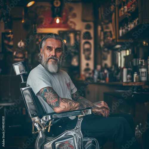 Bearded tattooed man sitting on barber chair