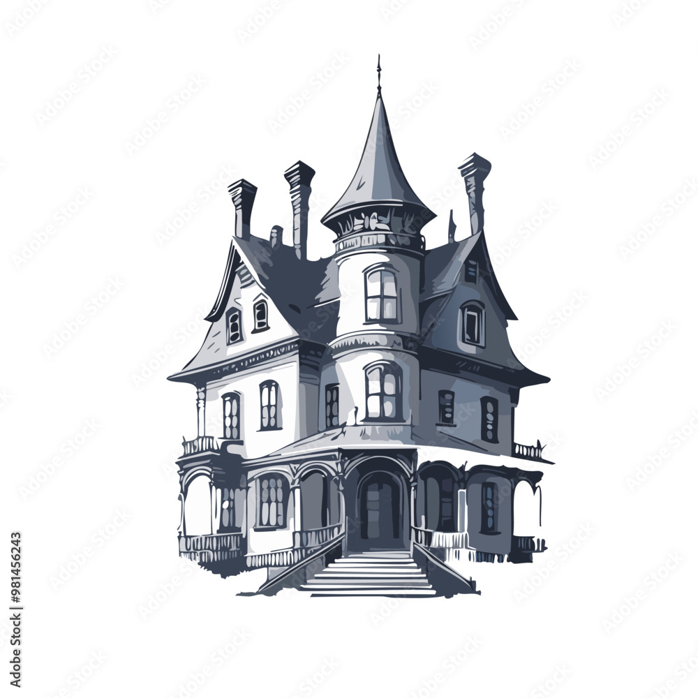 Fototapeta premium Haunted house sketch design. Spooky haunted mansion pen sketch vector art design.