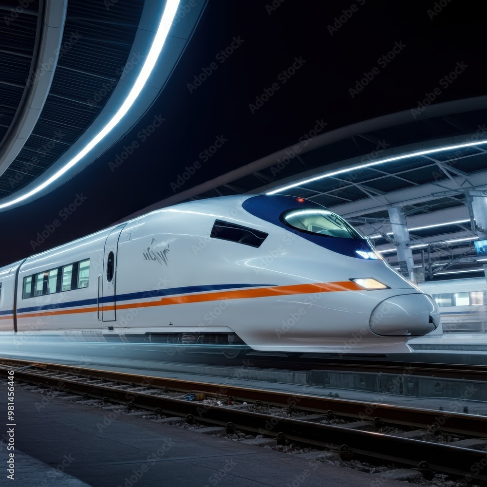 Fototapeta premium Contemporary high-speed monorail train with illuminating headlights passing through a station on an elevated track as it traverses a tunnel at a road junction.