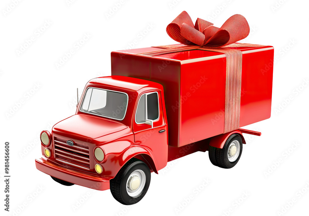 Gift package on a red cartoon truck. Transparent background, Isolated PNG. Gift package on a red cartoon truck. Transparent background, Isolated PNG.