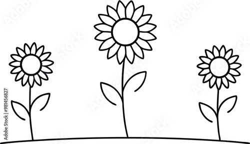 Kids Coloring Page Three Sunflowers in the Sun Vector Illustration
