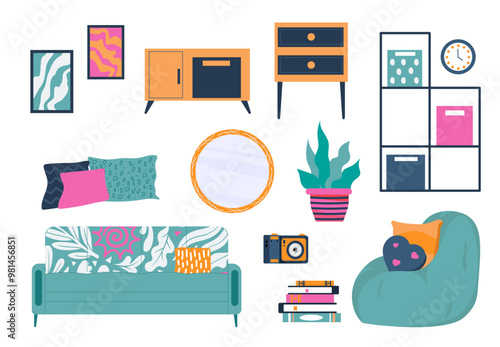 Set of furniture. Mirror, table, sofa and pillows. Abstract paintings, tables with shelves, plant in flowerpot. Interior and design elements. Flat vector collection