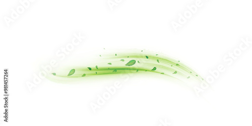 Green air swirl effect with flying mint, tea leaves isolated on white background, vector realistic illustration for advertising design of pharma and food industry.