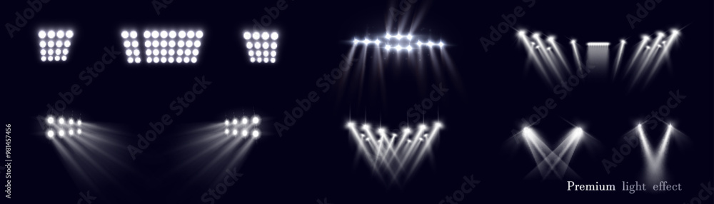 Obraz premium Set of spotlight lighting effects. Set of glowing isolated lighting effects for stadium, presentations. Vector