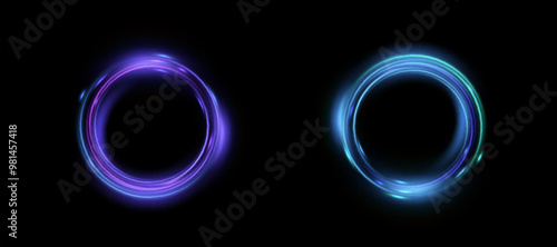 Vector Bright neon circle with glow on dark background. Modern round frame with empty space for text and product. Vector