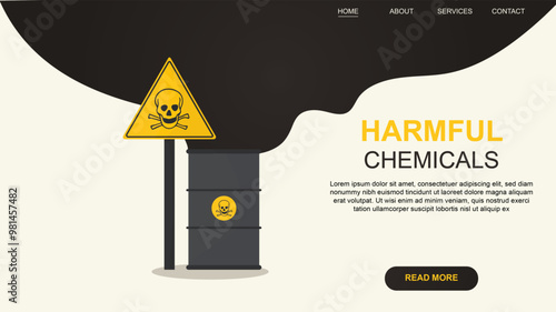 Harmful chemicals banner illustration. A warning sign with a skull and crossbones next to a barrel emitting toxic fumes.