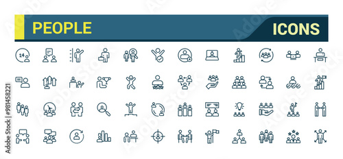 People icons set. Human resource, meeting, work group, team, Team work, icon. Line people. Business people, management, employees, cooperation.