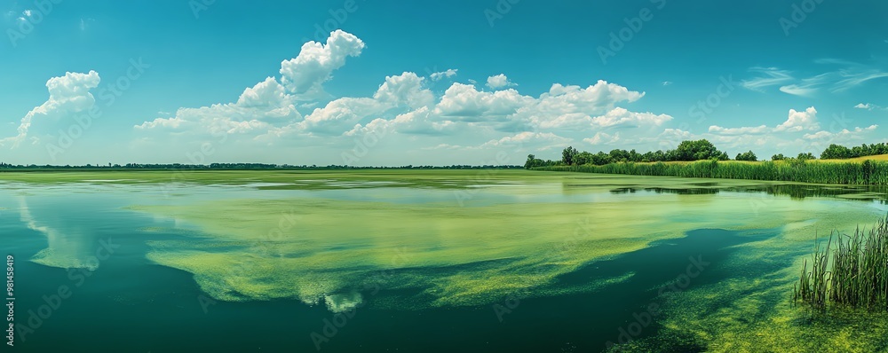 Scenic panoramic view of a calm lake with a clear blue sky and fluffy clouds reflecting on the water, surrounded by lush greenery. Scenic panoramic view of a calm lake with a clear blue sky and fluffy clouds reflecting on the water, surrounded by lush greenery.