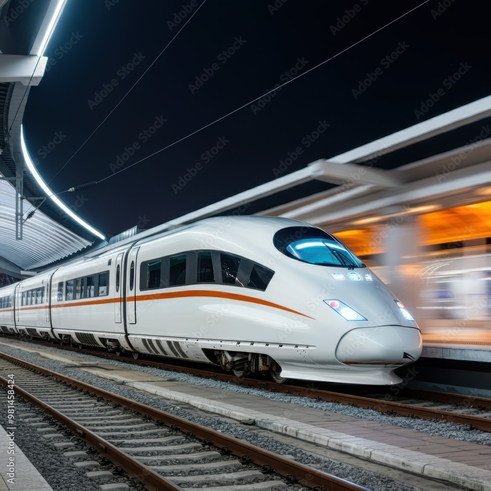 Contemporary high-speed monorail train with illuminating headlights passing through a station on an elevated track as it traverses a tunnel at a road junction. Contemporary high-speed monorail train with illuminating headlights passing through a station on an elevated track as it traverses a tunnel at a road junction.