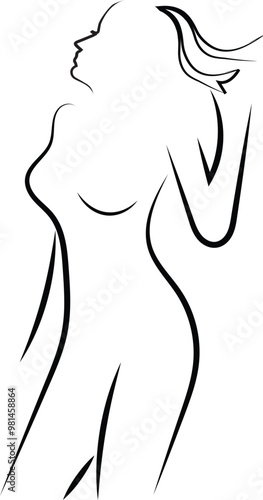 Silhouette of beautiful nude woman vector illustration. Fashion girl with long hair isolated. Beauty logo.