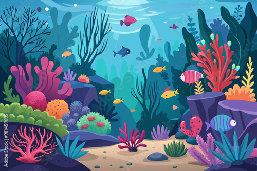 Coral reef underwater world with marine animals vector image