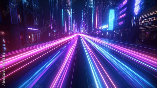 Neon lights illuminate a futuristic city street at night, with glowing streaks of light in the background.