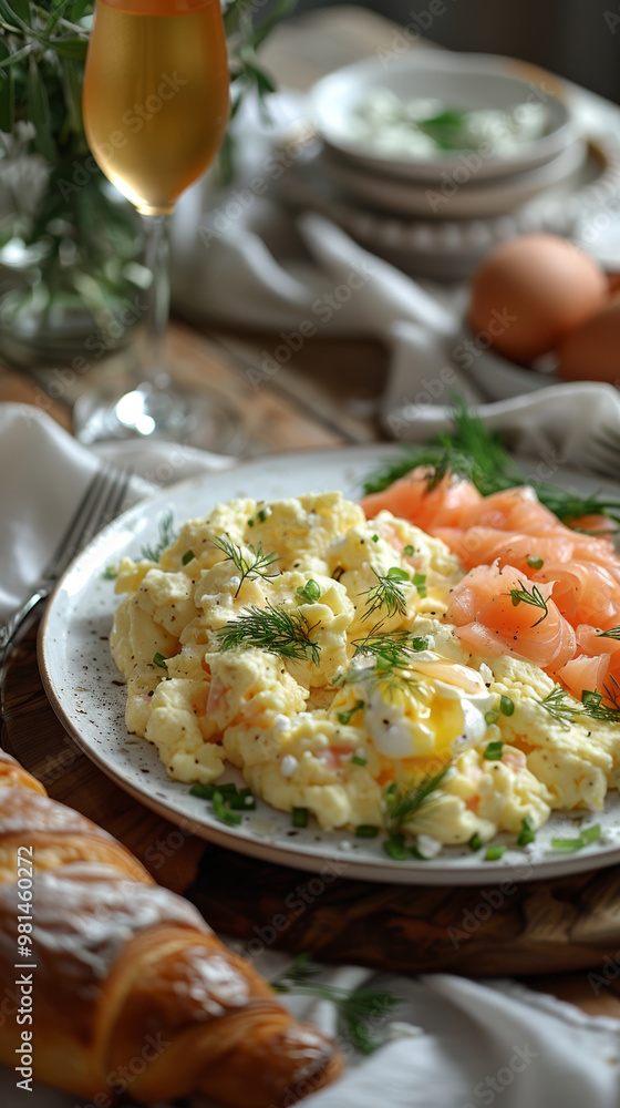 In an elegant brunch setting, a fine china plate showcases creamy scrambled eggs topped with smoked salmon, dill, and crame frache In an elegant brunch setting, a fine china plate showcases creamy scrambled eggs topped with smoked salmon, dill, and crame frache