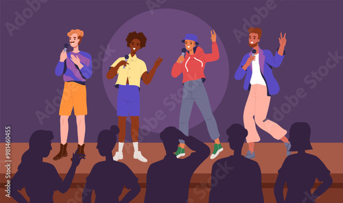 Musical band performance. Men with microphone singing on stage. Creativity and art. Pop musicians performing at concert or show. Entertainment and fun, recreation. Flat vector illustration