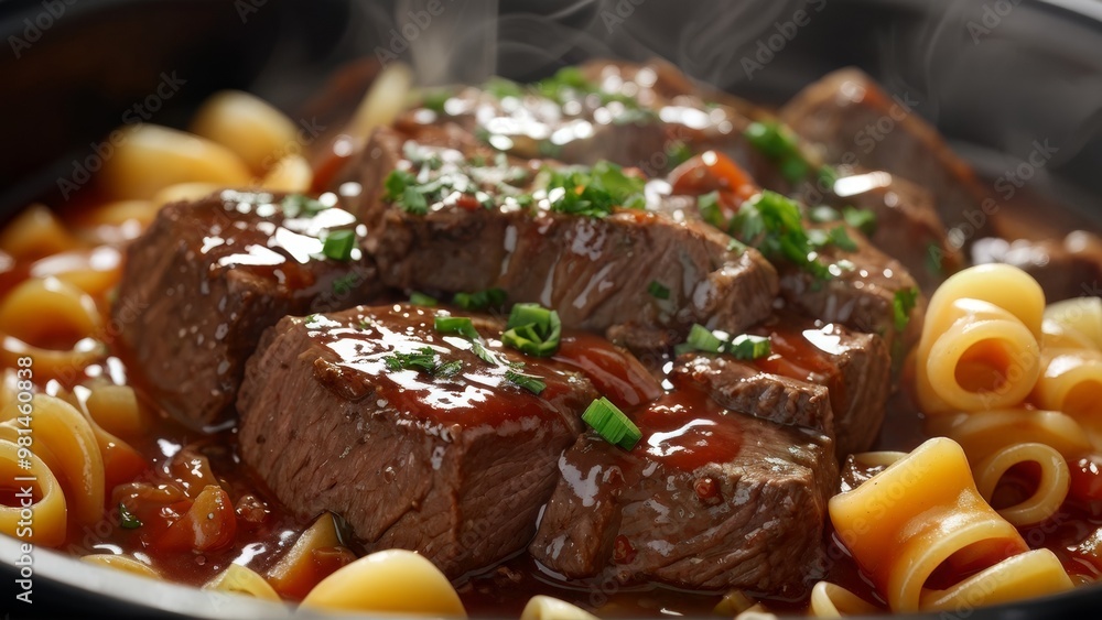 Beef slices with sauce and noodles.