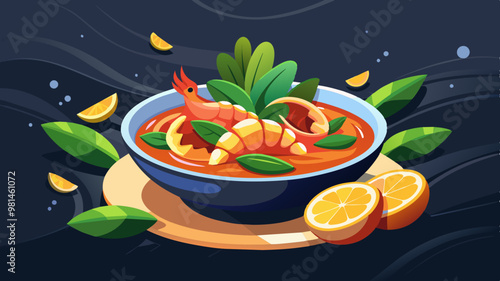 Succulent roasted shrimp with zesty sauce: vibrant seafood illustration on dark background for gourmet menus and culinary branding