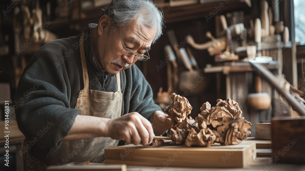 木彫りに取り組む日本職人の手 木彫りに取り組む日本職人の手
