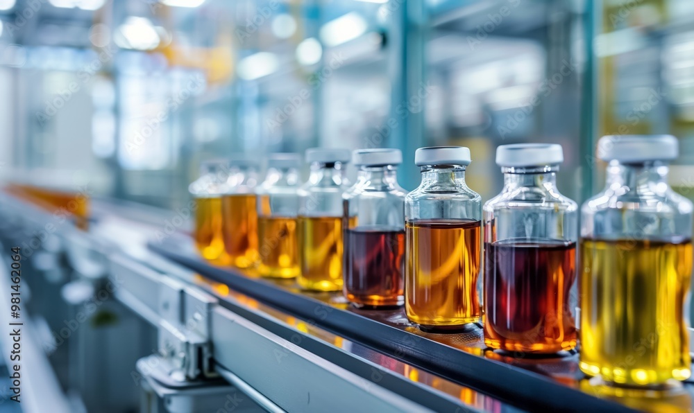 A row of glass vials filled with liquid moves along a high-tech automated production line in a sterile pharmaceutical factory. Precision and efficiency dominate the clean, futuristic environment. A row of glass vials filled with liquid moves along a high-tech automated production line in a sterile pharmaceutical factory. Precision and efficiency dominate the clean, futuristic environment.