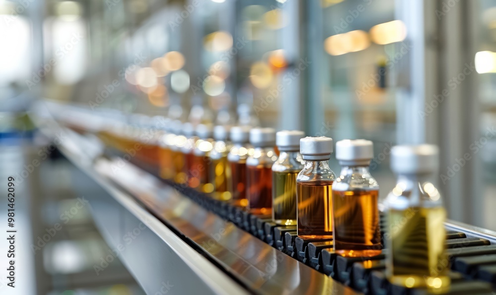 A row of glass vials filled with liquid moves along a high-tech automated production line in a sterile pharmaceutical factory. Precision and efficiency dominate the clean, futuristic environment. A row of glass vials filled with liquid moves along a high-tech automated production line in a sterile pharmaceutical factory. Precision and efficiency dominate the clean, futuristic environment.