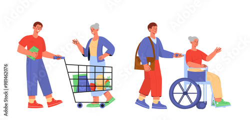 Helping elderly people. Man helps grandmother in wheelchair. Activist and volunteer support elderly woman. Charity and kindness, generosity. Flat vector illustration