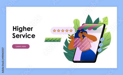 Higher service poster. Woman gives five stars on her smartphone screen. Good feedback and revew, clients opinion. Landing page design. Flat vector illustration