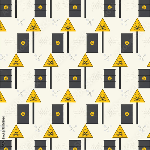 Chemicals pattern illustration. A repeating pattern of barrels and warning signs with skulls and crossbones