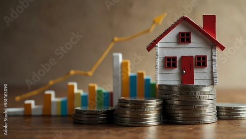 House model on stacked coins forming a growth chart.