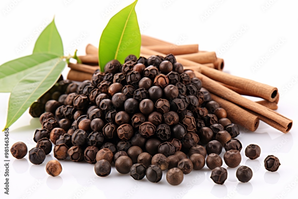 Close up of black pepper and powder on white background organic asian herbs and spices concept Close up of black pepper and powder on white background organic asian herbs and spices concept