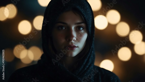 Illuminated figure peering from a dark background, surrounded by blurred lights.