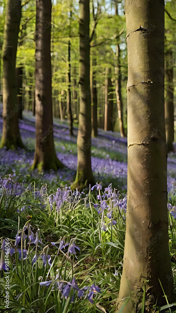 bluebell forest in spring with tall trees basking in soft natural light, vertical bluebell forest in spring with tall trees basking in soft natural light, vertical