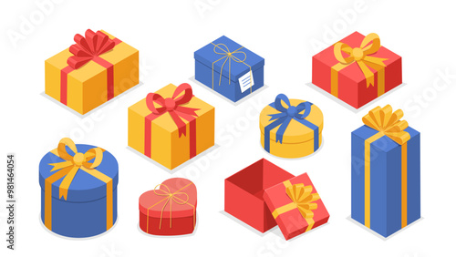 Isometric gift boxes set. Presents and surprises. Open and closed packages. Christmas and Xmas, New Year and Noel Eve. Birthday and Valentines Day. 3D vector collection