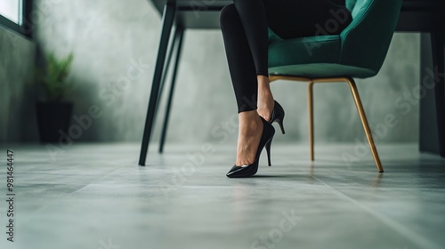 Woman in black high heels sitting on a green chair in an office.