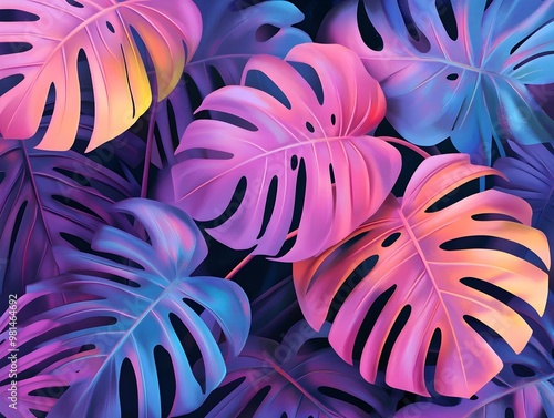 Lush Tropical Leaves with Vibrant Neon Glow in Abstract photo