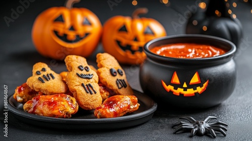 Halloween-themed party snacks including ghost-shaped nuggets, chicken wings, and festive decorations like jack-o'-lanterns and a spider on a table. photo