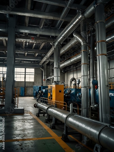 Industrial interior with metal piping and machinery.