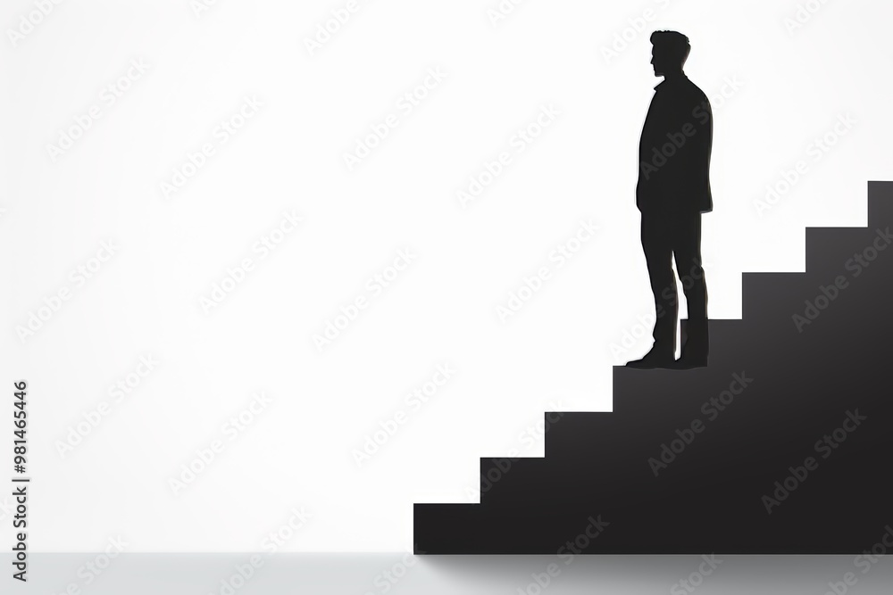 Silhouette of a man ascending stairs against a clean white background in isolated view Silhouette of a man ascending stairs against a clean white background in isolated view