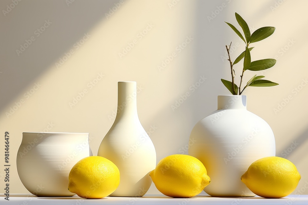 Minimalist still life simple composition of fruits, plants, and ceramics on plain background Minimalist still life simple composition of fruits, plants, and ceramics on plain background